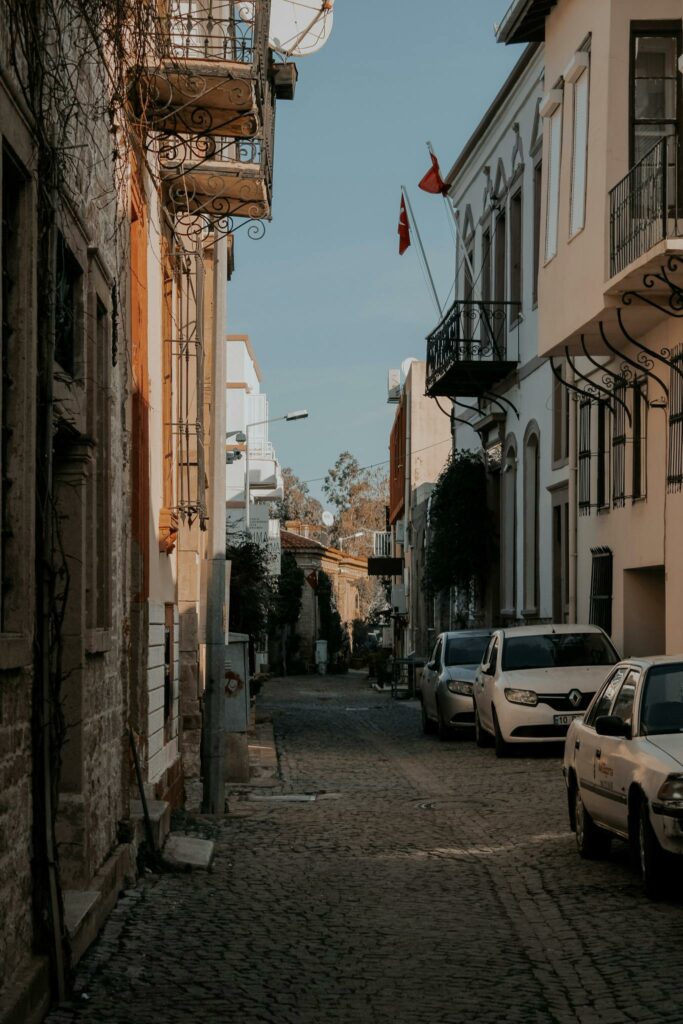 Explore a picturesque cobblestone alley in a quaint European town featuring historic architecture and parked cars.